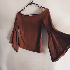 tan brown bell sleeve long sleeve top stretchy s